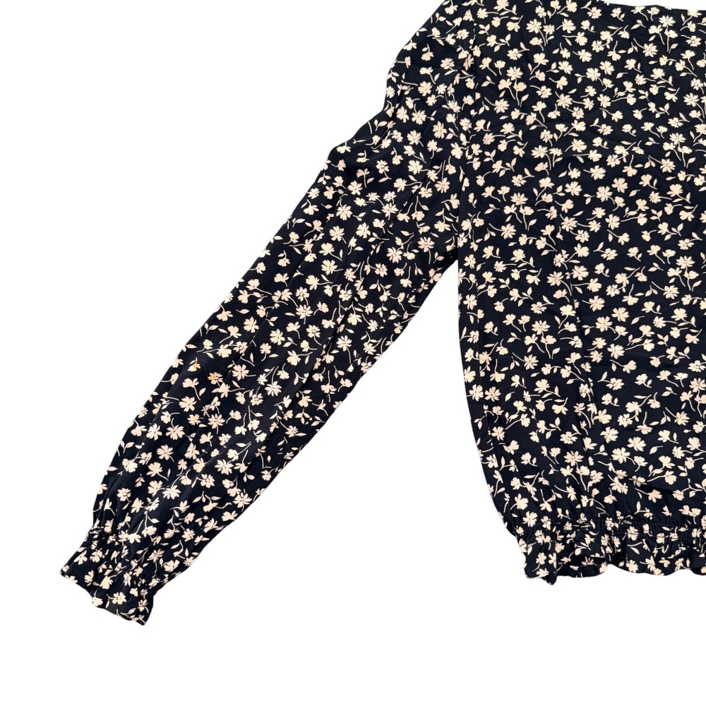 American Eagle Womens Small Black Floral Long Sleeve V-Neck Elastic Hem Blouse - Picture 8 of 9